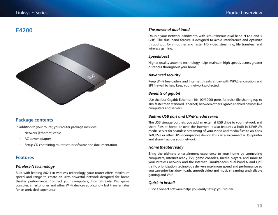 E4200, Package contents, Features | Linksys E4200 User Manual | Page 22 / 92