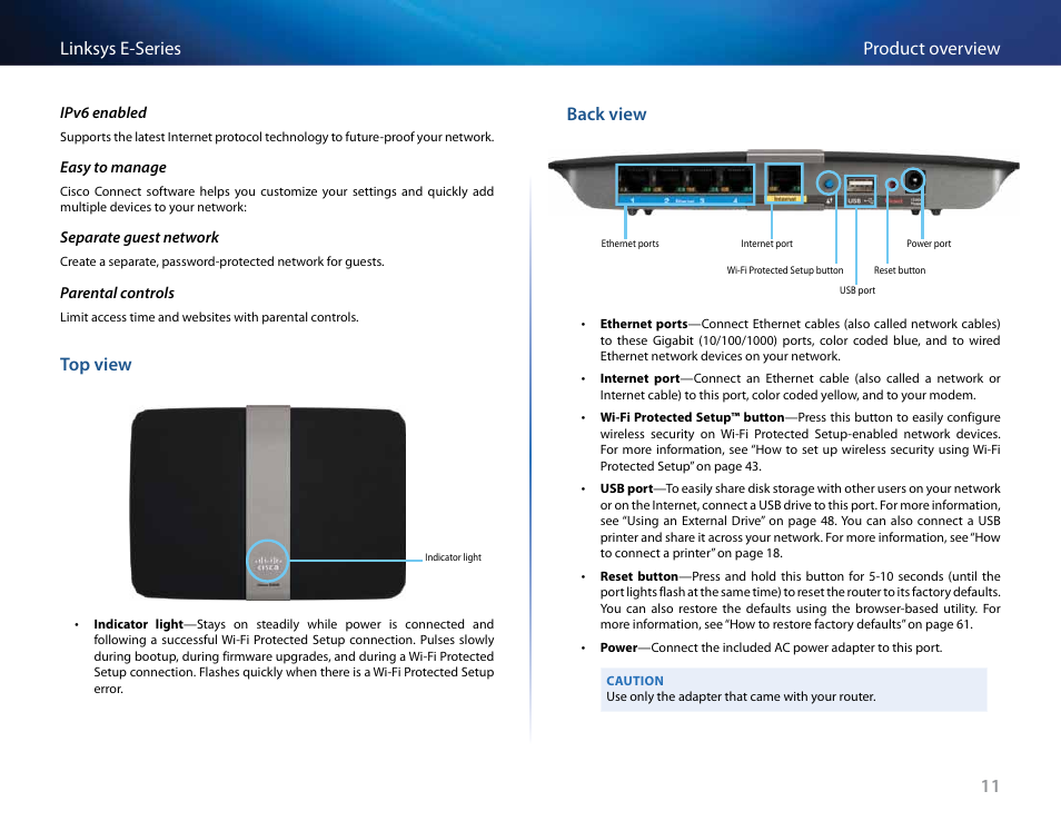 Top view, Back view, 11 product overview linksys e-series | Linksys E4200 User Manual | Page 23 / 92