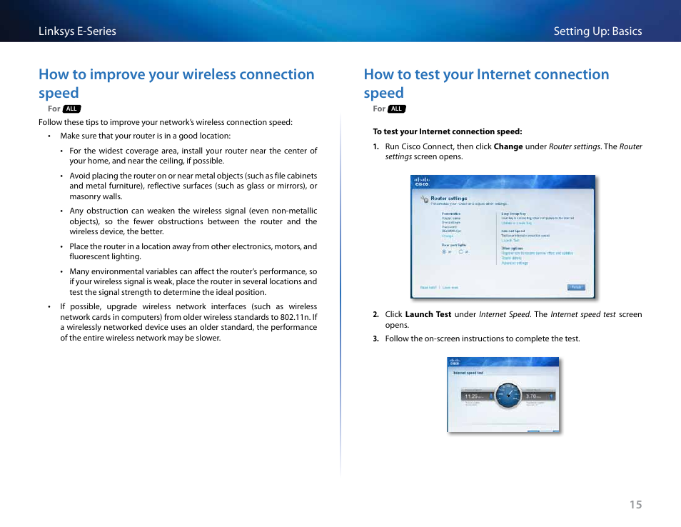 How to improve your wireless connection speed, How to test your internet connection speed, 15 setting up: basics linksys e-series | Linksys E4200 User Manual | Page 27 / 92