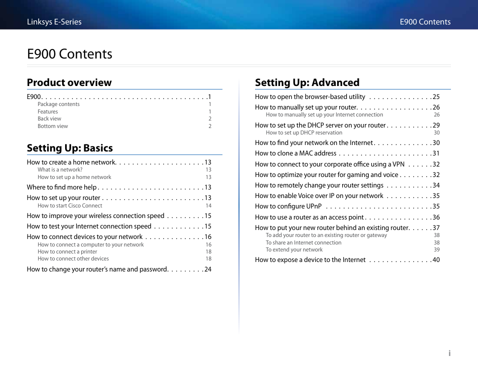 E900, E900 contents, Product overview | Setting up: basics, Setting up: advanced | Linksys E4200 User Manual | Page 3 / 92