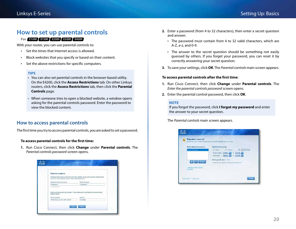 How to set up parental controls, 20 setting up: basics linksys e-series, How to access parental controls | Linksys E4200 User Manual | Page 32 / 92