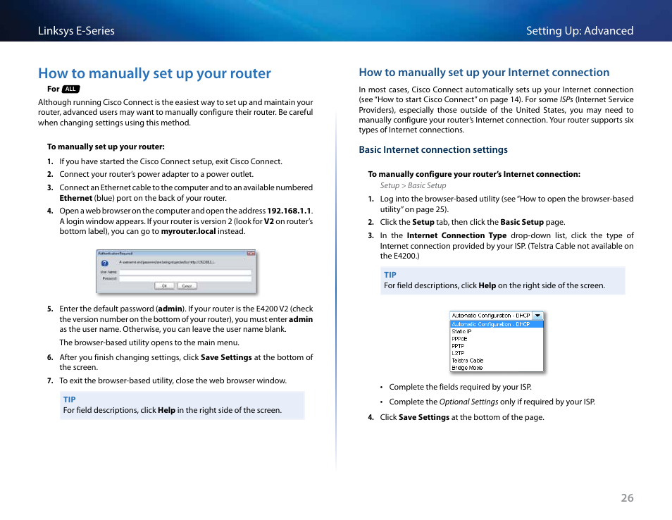 How to manually set up your router, How to manually set up your internet connection, 26 setting up: advanced linksys e-series | Linksys E4200 User Manual | Page 38 / 92