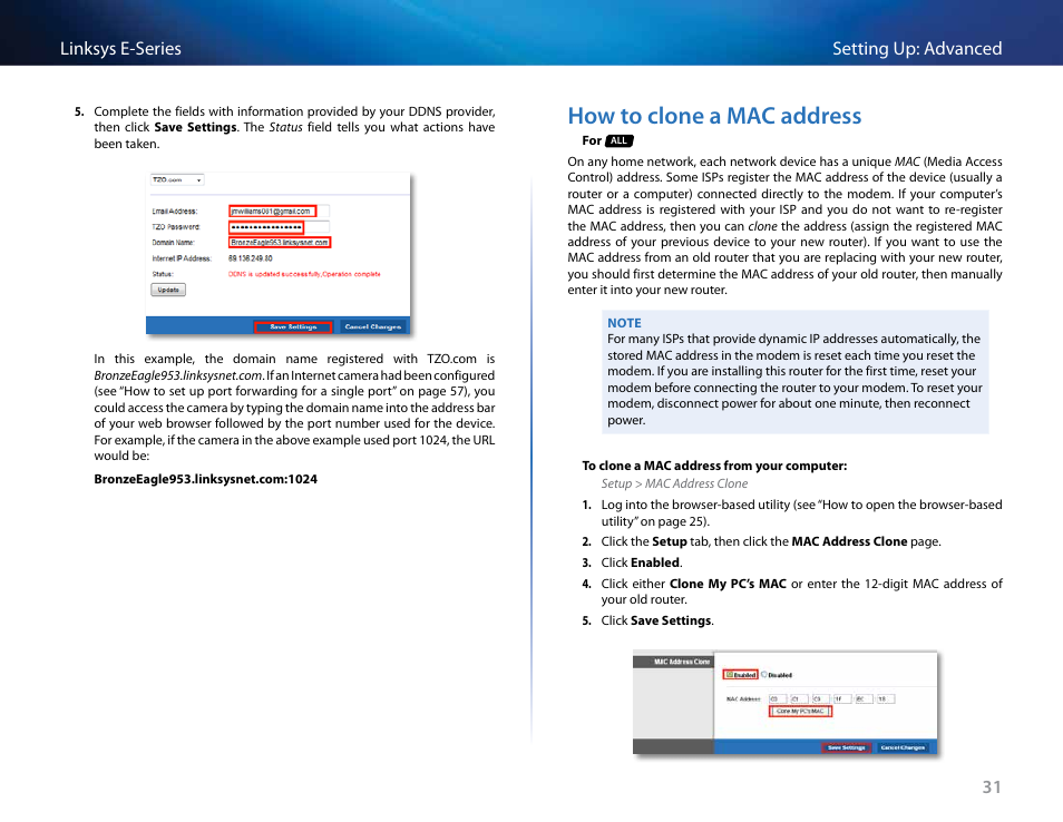 How to clone a mac address, 31 setting up: advanced linksys e-series | Linksys E4200 User Manual | Page 43 / 92