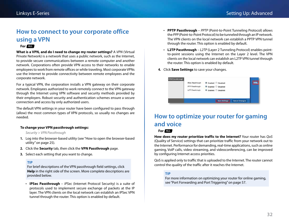 How to optimize your router for gaming and voice, 32 setting up: advanced linksys e-series | Linksys E4200 User Manual | Page 44 / 92