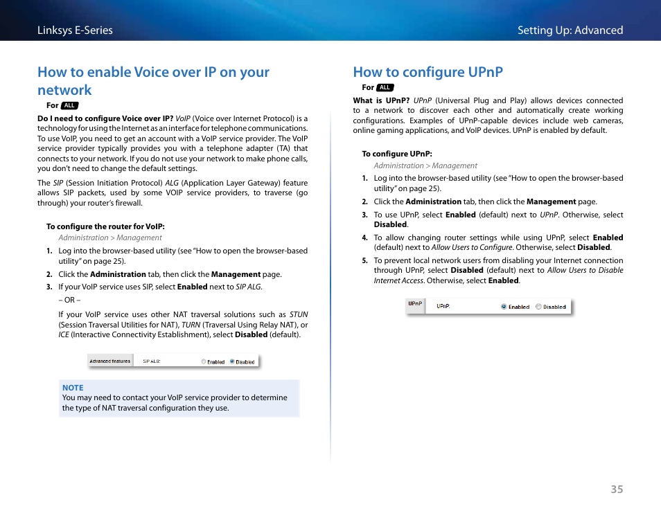 How to enable voice over ip on your network, How to configure upnp | Linksys E4200 User Manual | Page 47 / 92