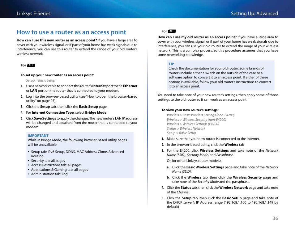 How to use a router as an access point, 36 setting up: advanced linksys e-series | Linksys E4200 User Manual | Page 48 / 92