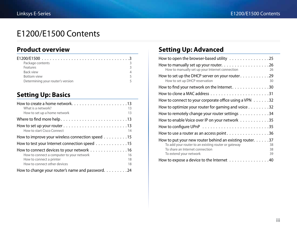 E1200, E1500, Product overview | Setting up: basics, Setting up: advanced | Linksys E4200 User Manual | Page 5 / 92