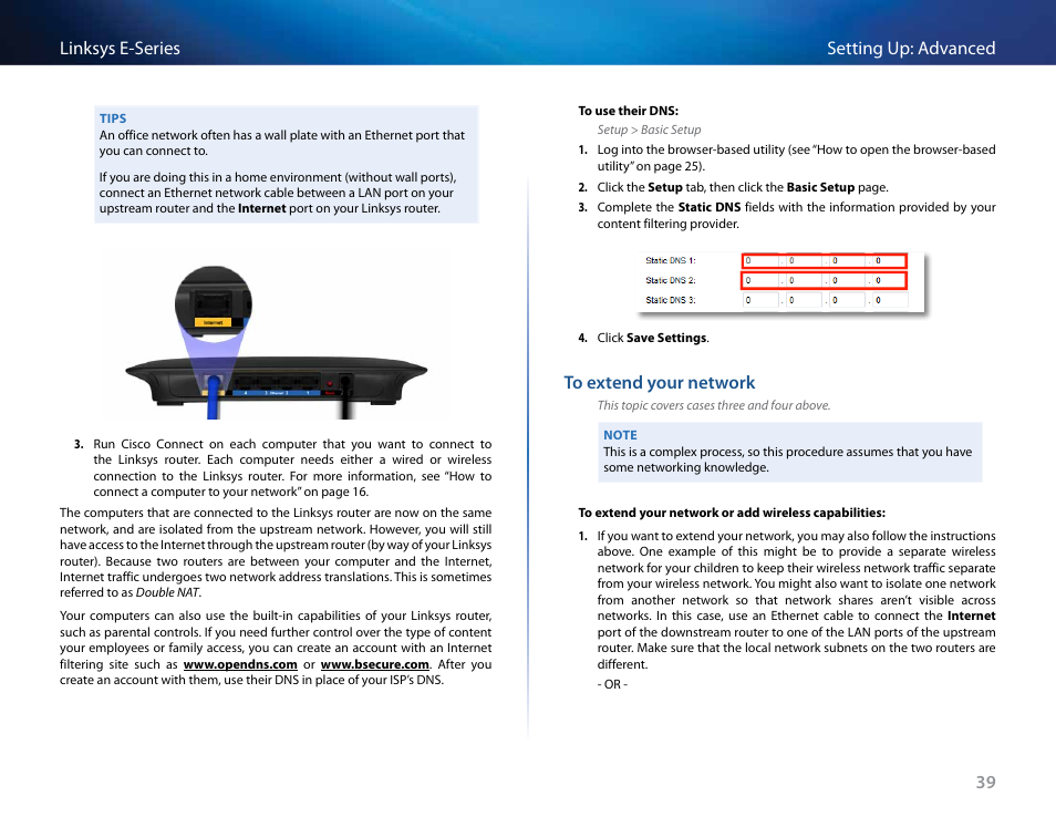 To extend your network, 39 setting up: advanced linksys e-series | Linksys E4200 User Manual | Page 51 / 92