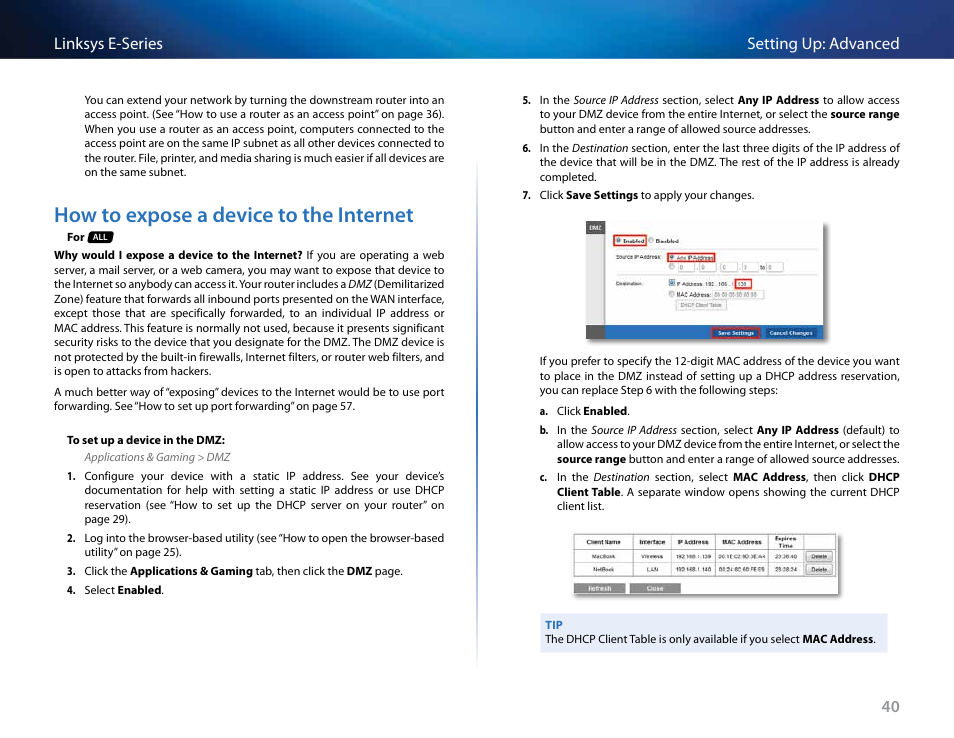 How to expose a device to the internet, 40 setting up: advanced linksys e-series | Linksys E4200 User Manual | Page 52 / 92