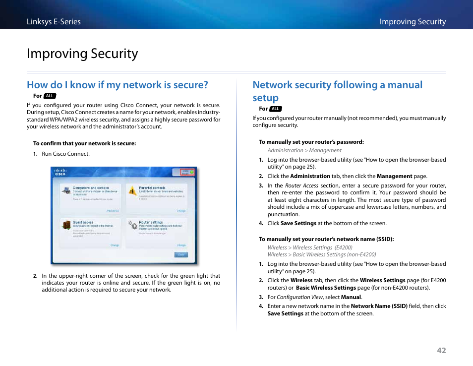 Improving security, How do i know if my network is secure, Network security following a manual setup | Linksys E4200 User Manual | Page 54 / 92
