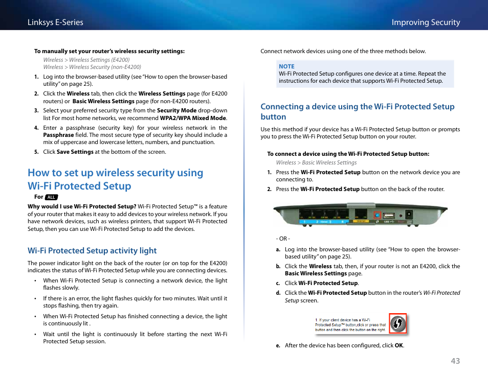 Wi-fi protected setup activity light, How to set up wireless security using wi-fi, 43 improving security linksys e-series | Linksys E4200 User Manual | Page 55 / 92
