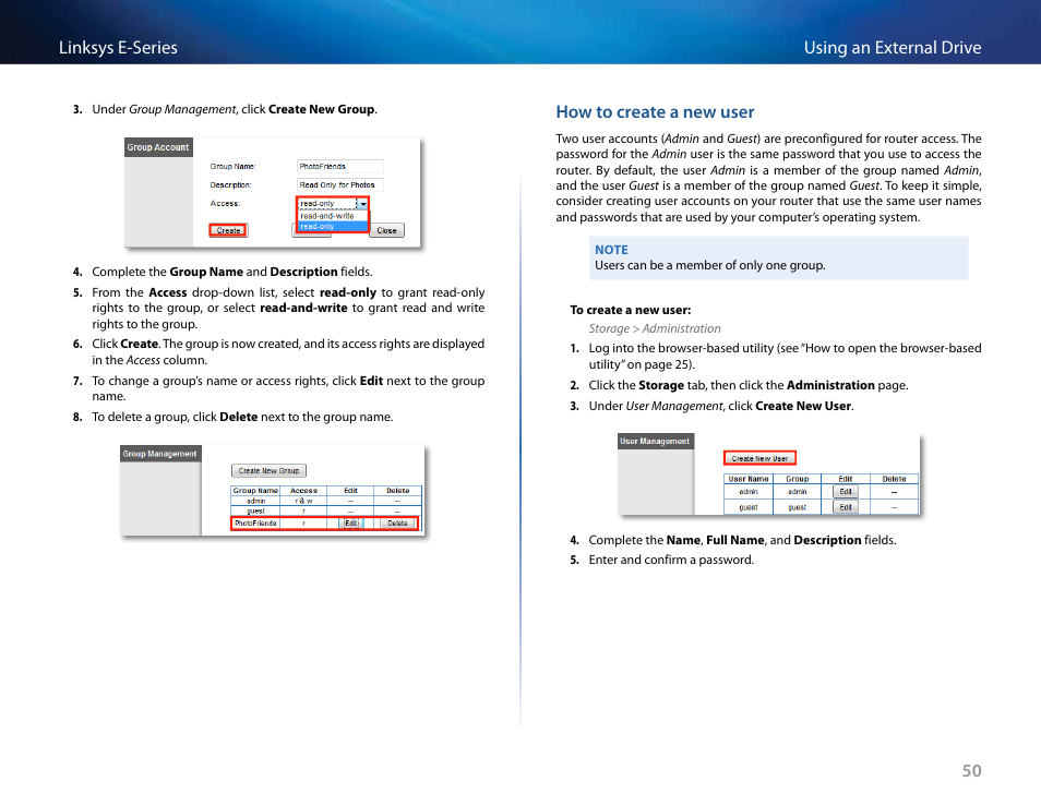 How to create a new user | Linksys E4200 User Manual | Page 62 / 92
