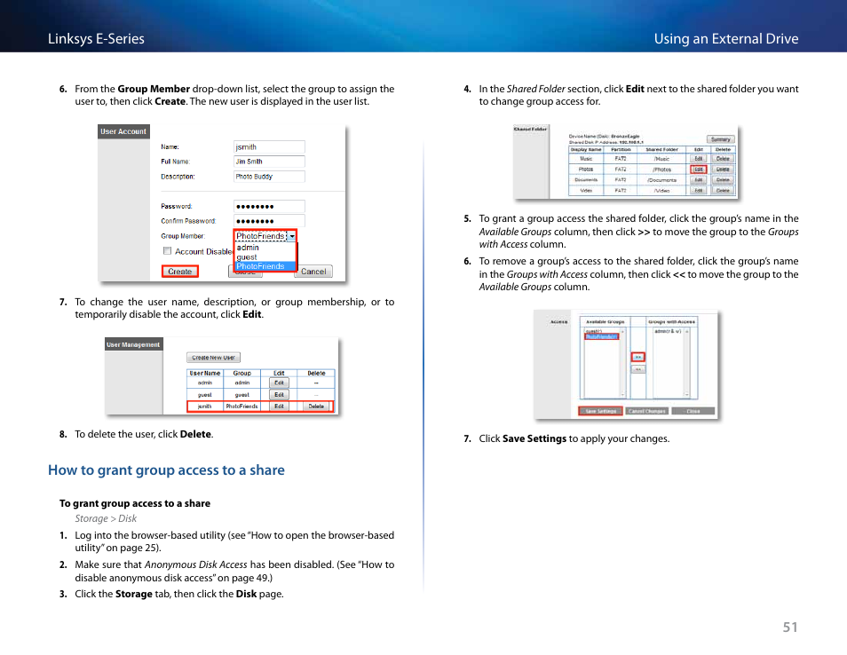 How to grant group access to a share | Linksys E4200 User Manual | Page 63 / 92