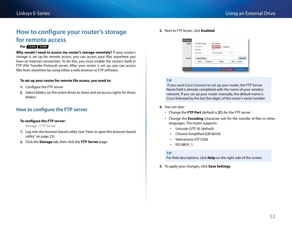 How to configure the ftp server, 52 using an external drive linksys e-series | Linksys E4200 User Manual | Page 64 / 92