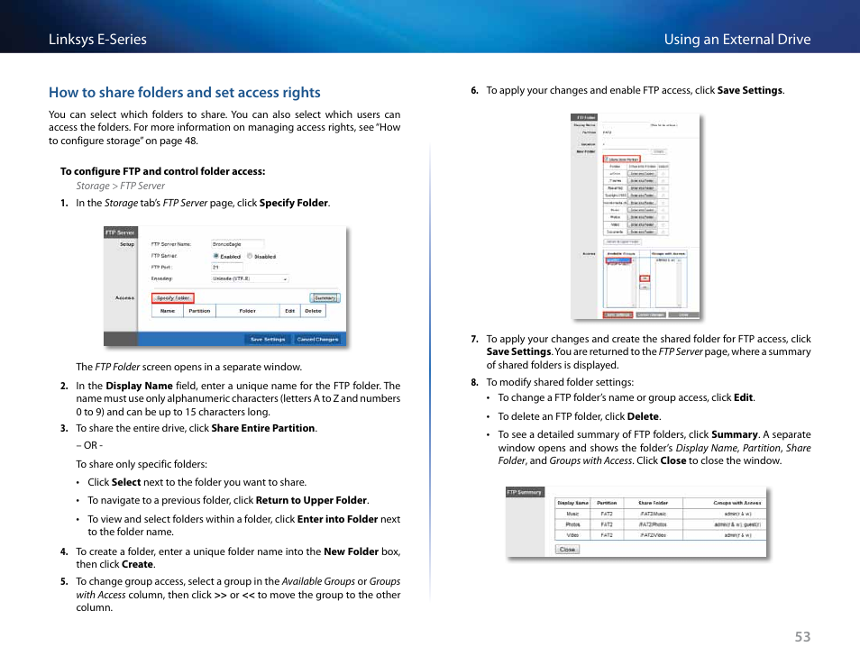 How to share folders and set access rights, How to share | Linksys E4200 User Manual | Page 65 / 92