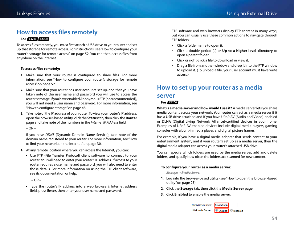 How to access files remotely, How to set up your router as a media server, 54 using an external drive linksys e-series | Linksys E4200 User Manual | Page 66 / 92