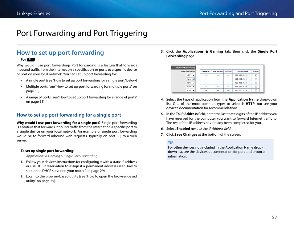Port forwarding and port triggering, How to set up port forwarding, How to set up port forwarding for a single port | Linksys E4200 User Manual | Page 69 / 92
