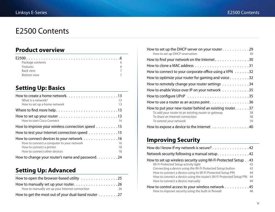 E2500, E2500 contents, Product overview | Setting up: basics, Setting up: advanced, Improving security | Linksys E4200 User Manual | Page 7 / 92