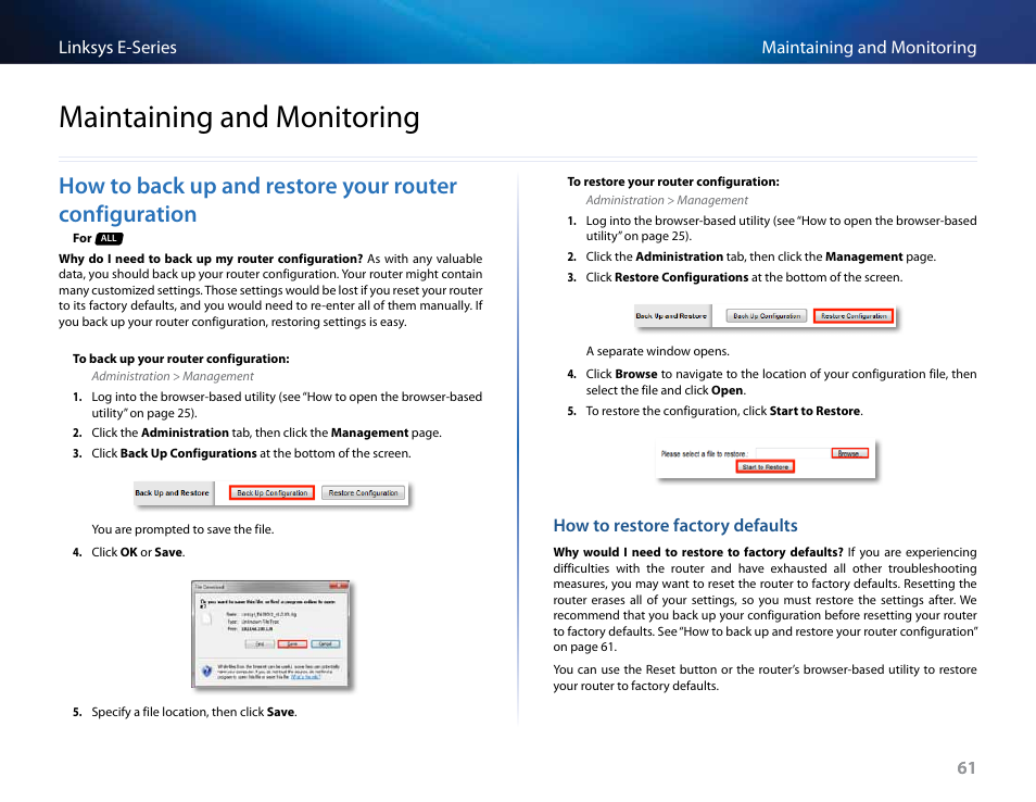 Maintaining and monitoring, How to restore factory defaults | Linksys E4200 User Manual | Page 73 / 92