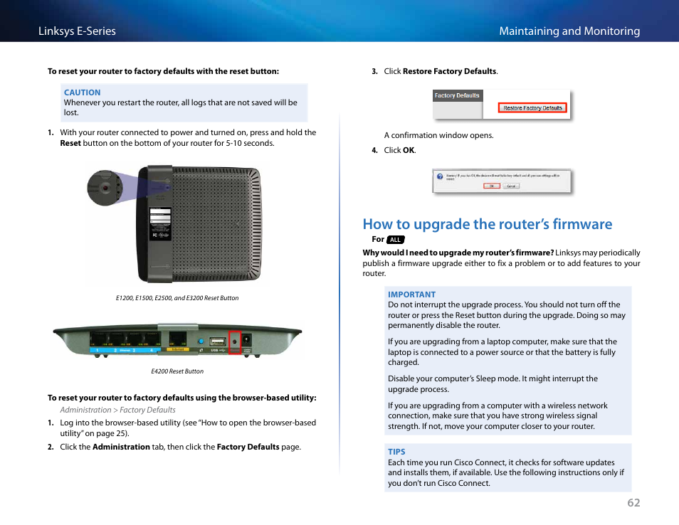 How to upgrade the router’s firmware, 62 maintaining and monitoring linksys e-series | Linksys E4200 User Manual | Page 74 / 92
