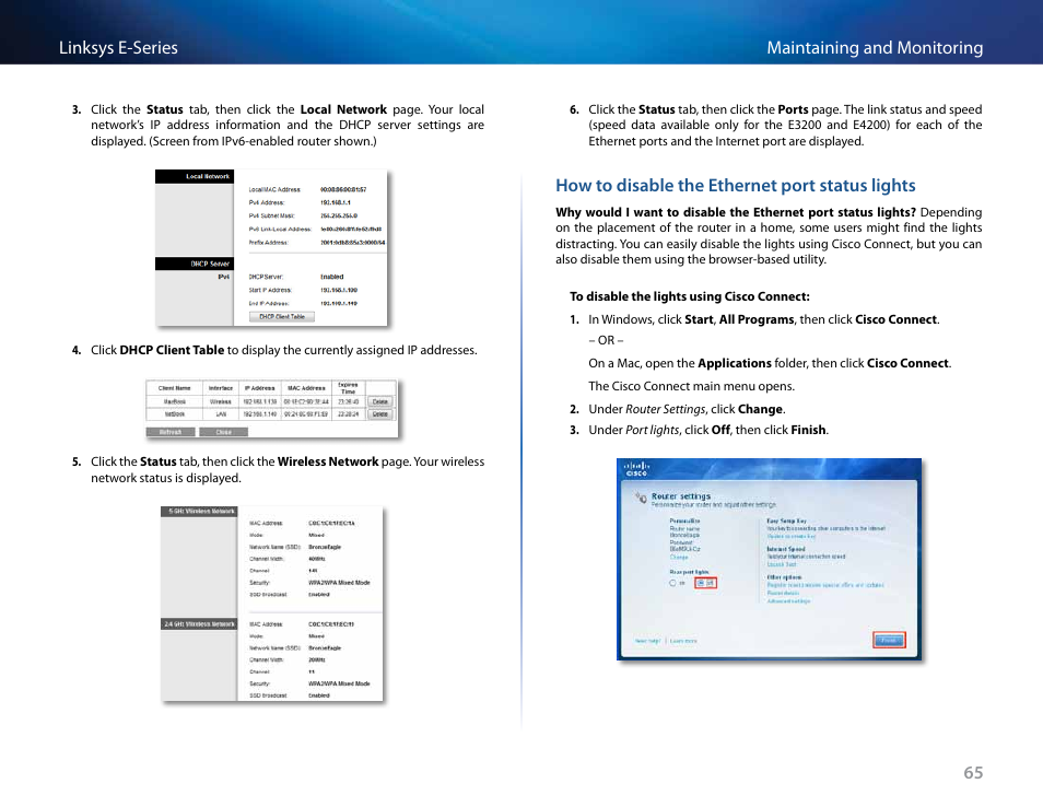 How to disable the ethernet port status lights | Linksys E4200 User Manual | Page 77 / 92