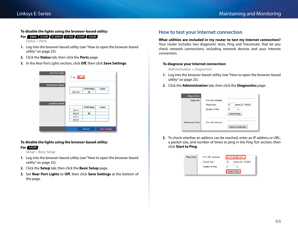 How to test your internet connection, 66 maintaining and monitoring linksys e-series | Linksys E4200 User Manual | Page 78 / 92