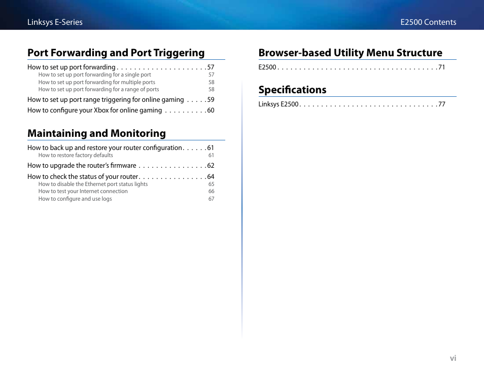 Port forwarding and port triggering, Maintaining and monitoring, Browser-based utility menu structure | Specifications | Linksys E4200 User Manual | Page 8 / 92