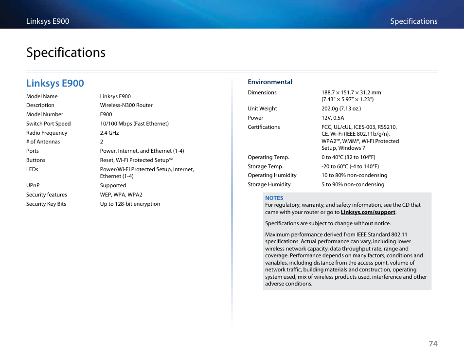 Specifications, Linksys e900 | Linksys E4200 User Manual | Page 86 / 92