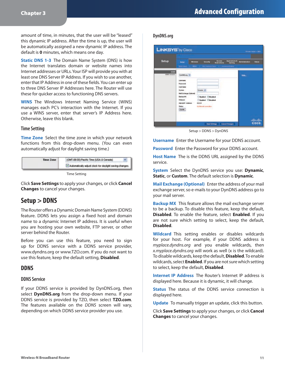 Setup > ddns, Advanced configuration, Ddns | Linksys WRT160N User Manual | Page 12 / 53