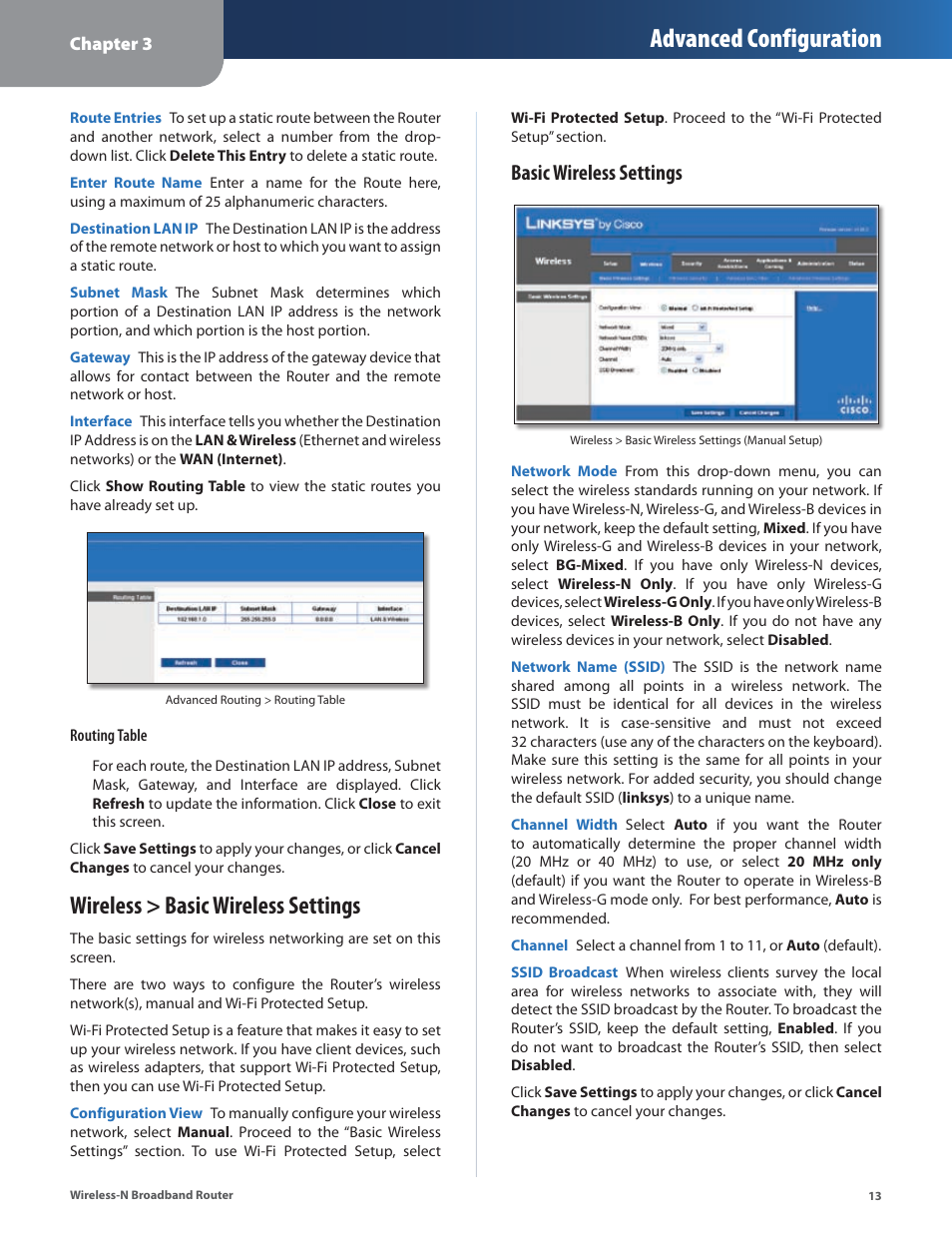 Wireless > basic wireless settings, Advanced configuration, Basic wireless settings | Linksys WRT160N User Manual | Page 14 / 53