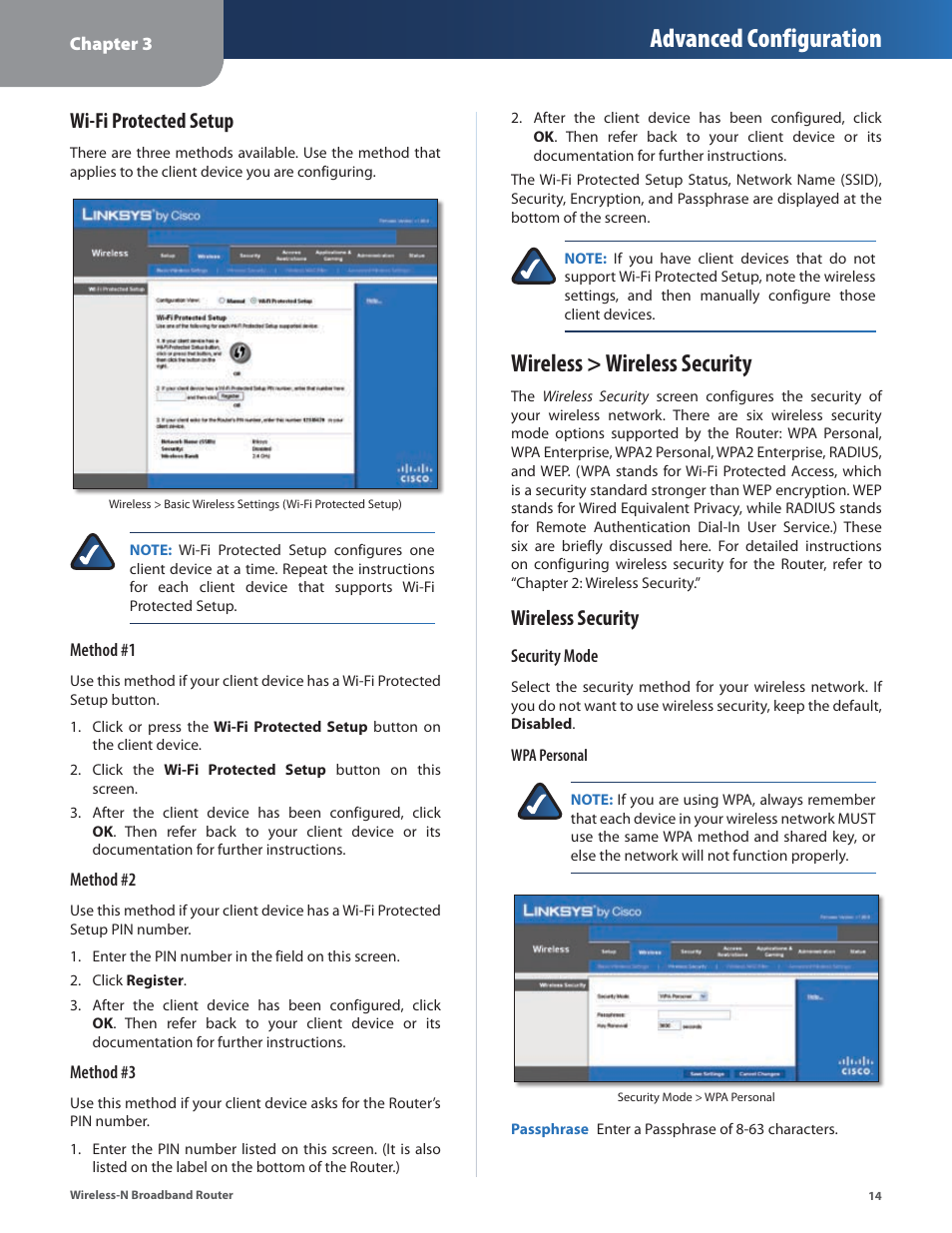 Wireless > wireless security, Advanced configuration, Wi-fi protected setup | Wireless security | Linksys WRT160N User Manual | Page 15 / 53