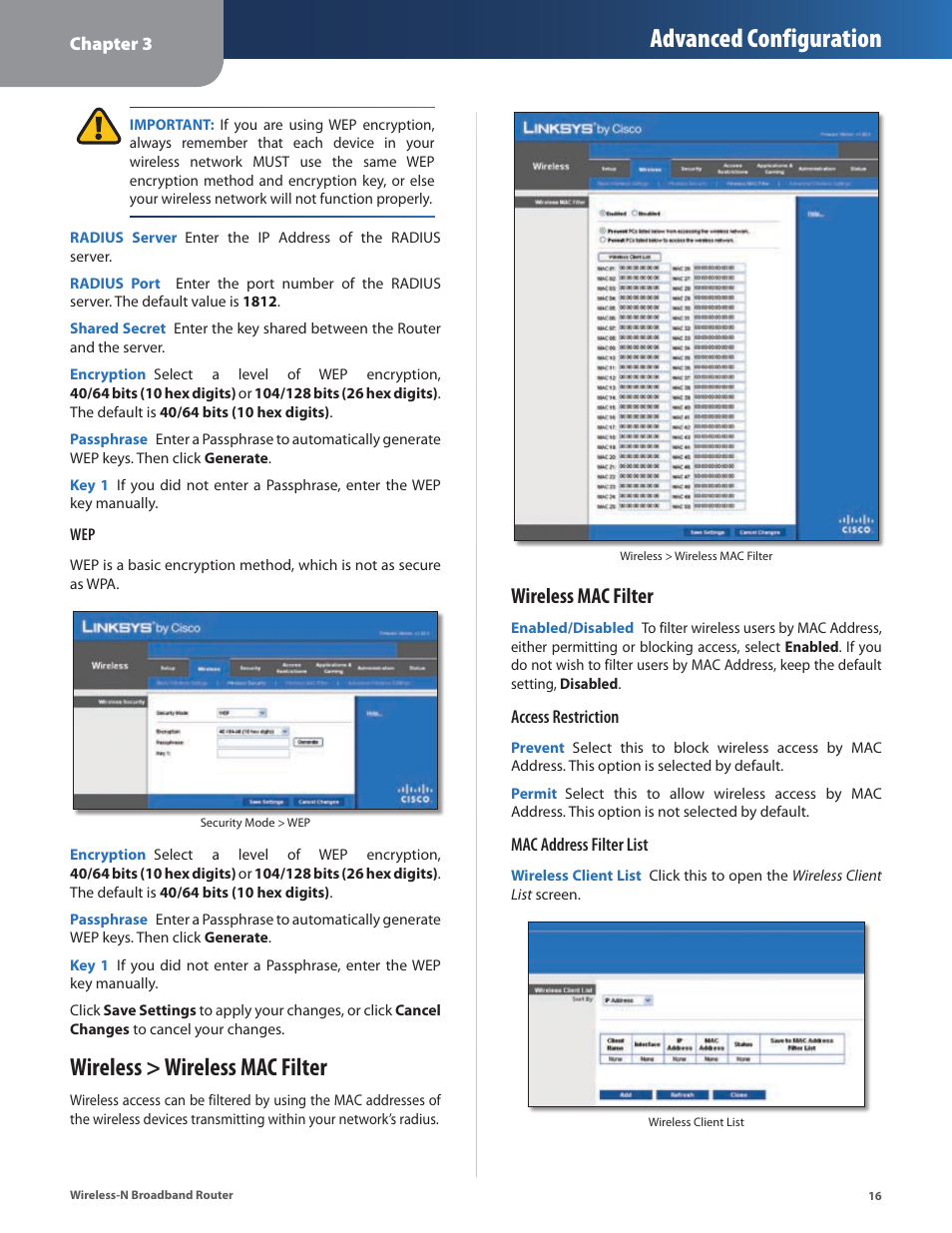 Wireless > wireless mac filter, Advanced configuration, Wireless mac filter | Linksys WRT160N User Manual | Page 17 / 53