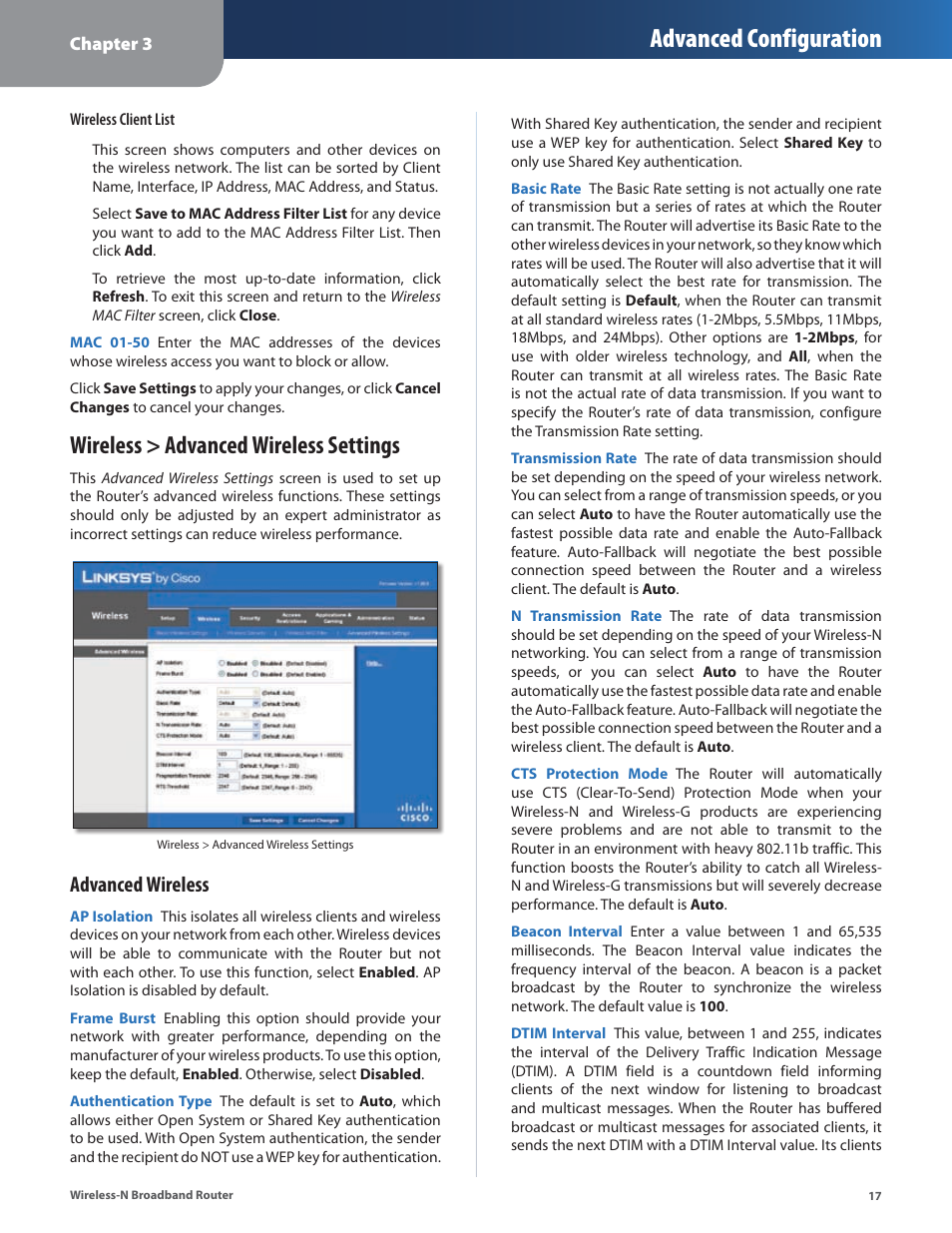 Wireless > advanced wireless settings, Advanced configuration, Advanced wireless | Linksys WRT160N User Manual | Page 18 / 53