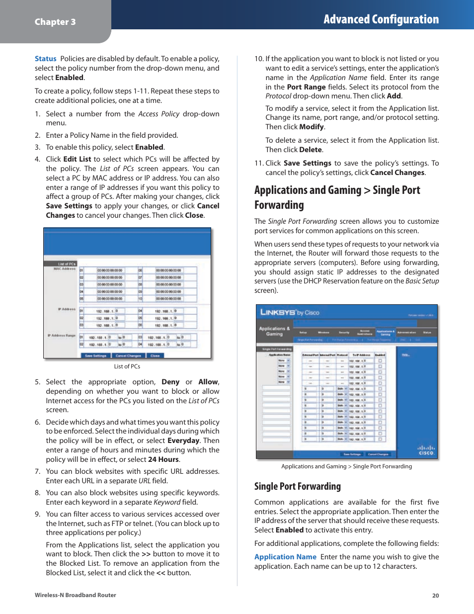 Applications and gaming > single port forwarding, Advanced configuration, Single port forwarding | Linksys WRT160N User Manual | Page 21 / 53