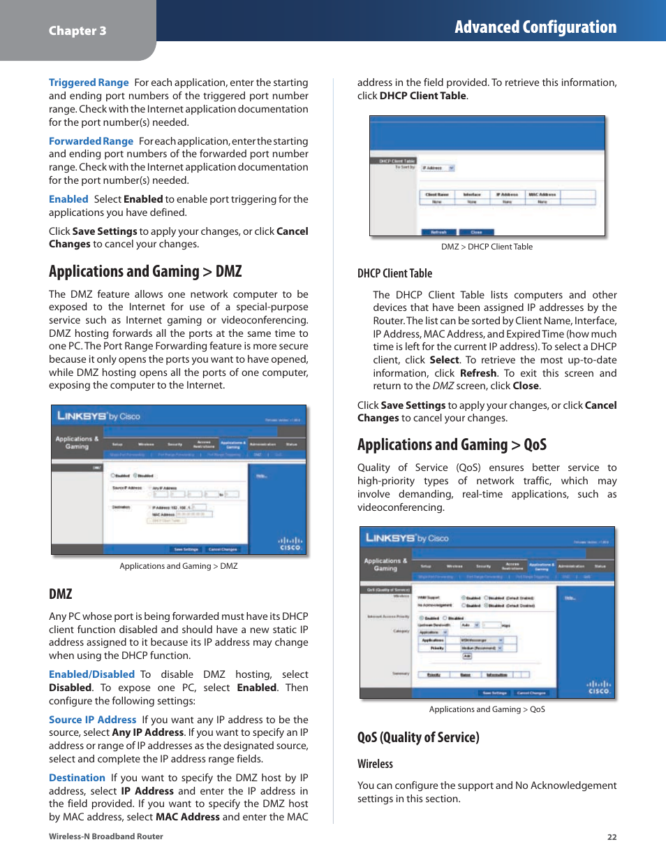 Applications and gaming > dmz, Applications and gaming > qos, Advanced configuration | Qos (quality of service) | Linksys WRT160N User Manual | Page 23 / 53