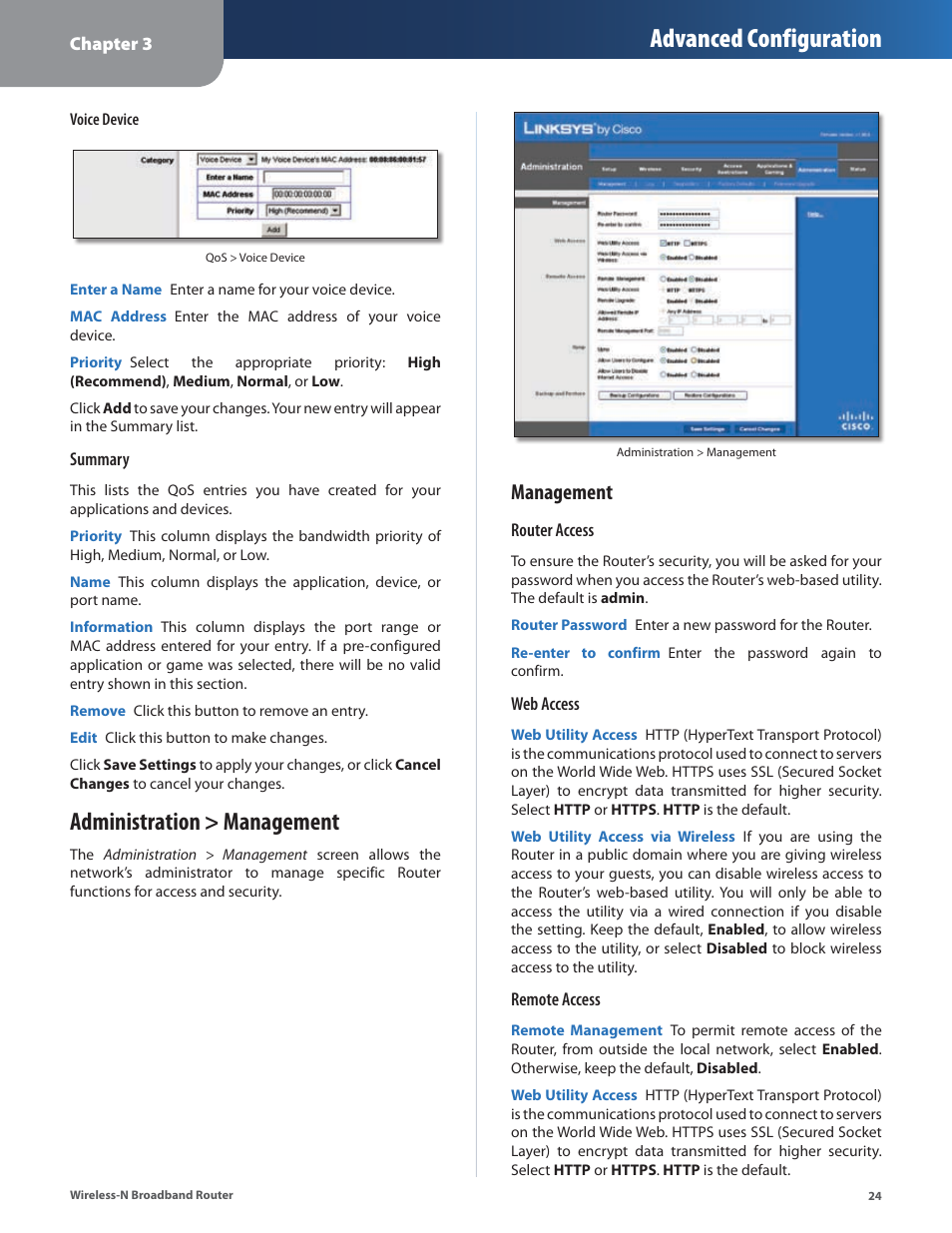 Administration > management, Advanced configuration, Management | Linksys WRT160N User Manual | Page 25 / 53
