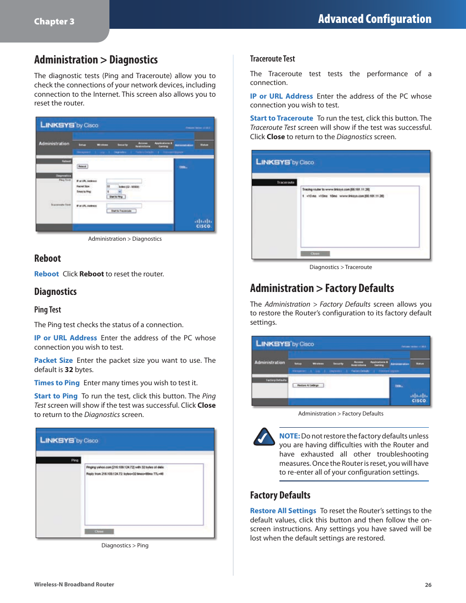 Administration > diagnostics, Administration > factory defaults, Advanced configuration | Reboot, Diagnostics, Factory defaults | Linksys WRT160N User Manual | Page 27 / 53