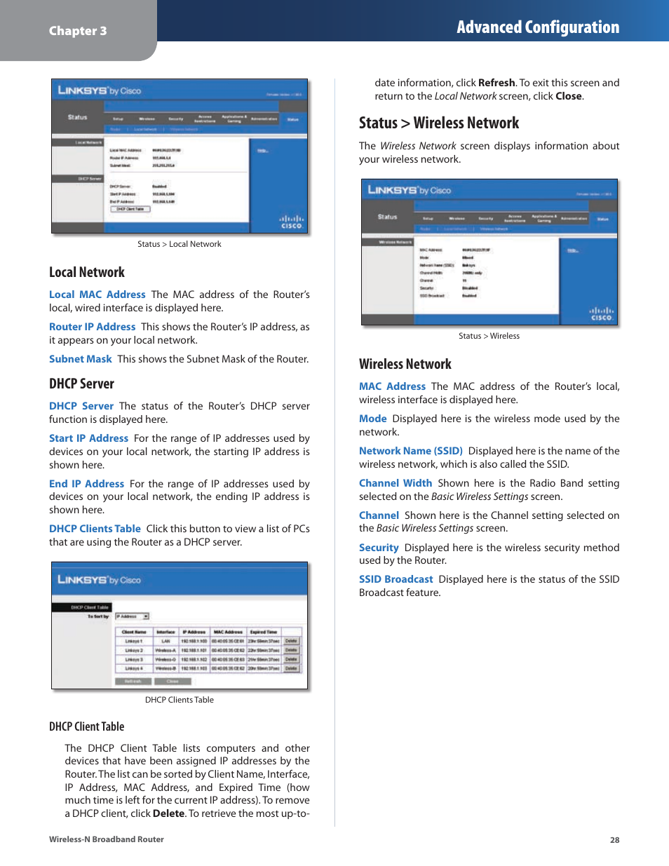 Status > wireless network, Advanced configuration, Local network | Dhcp server, Wireless network | Linksys WRT160N User Manual | Page 29 / 53