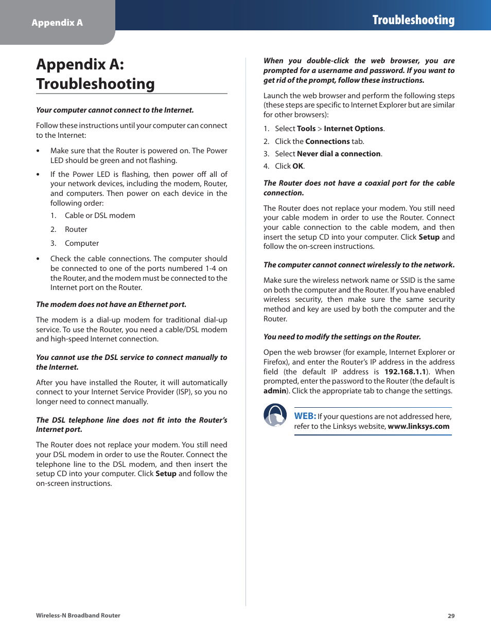 Appendix a: troubleshooting, Troubleshooting | Linksys WRT160N User Manual | Page 30 / 53