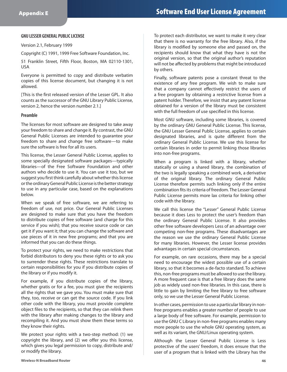 Software end user license agreement | Linksys WRT160N User Manual | Page 47 / 53