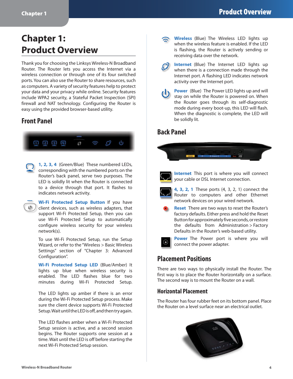 Chapter 1: product overview, Front panel, Back panel | Placement positions, Front panel back panel placement positions, Product overview, Horizontal placement | Linksys WRT160N User Manual | Page 5 / 53