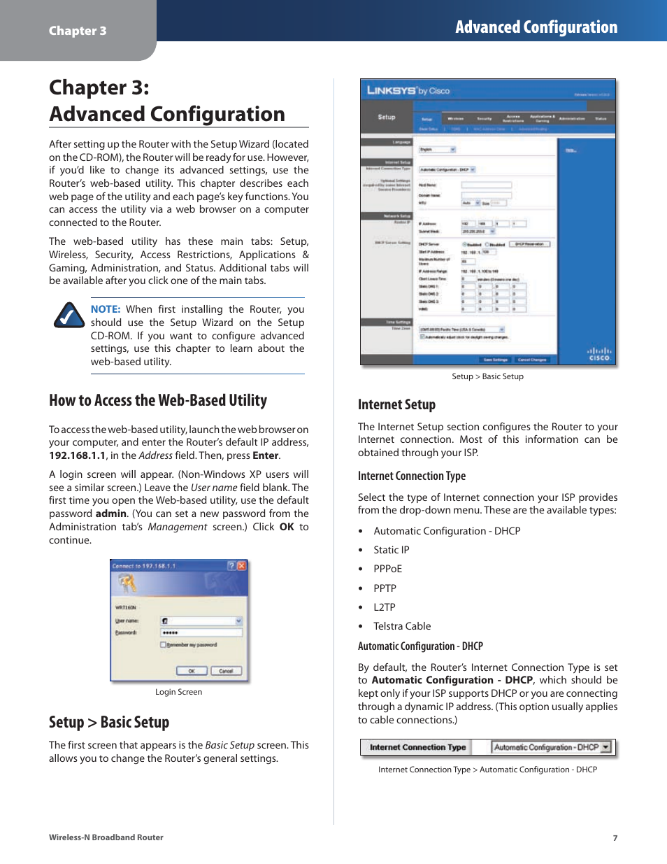 Chapter 3: advanced configuration, Setup > basic setup, Advanced configuration | How to access the web-based utility, Internet setup | Linksys WRT160N User Manual | Page 8 / 53