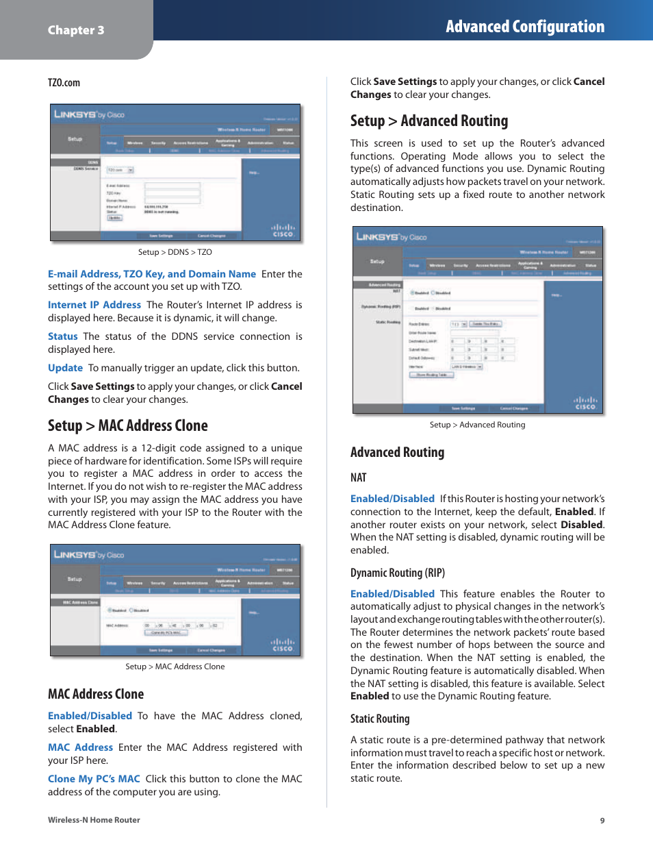 Setup > mac address clone, Setup > advanced routing, Setup > mac address clone setup > advanced routing | Advanced configuration, Mac address clone, Advanced routing | Linksys WRT120N User Manual | Page 13 / 55