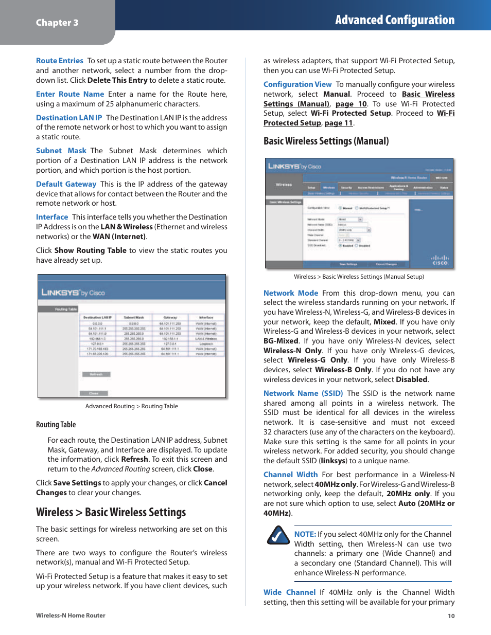 Wireless > basic wireless settings, Advanced configuration, Basic wireless settings (manual) | Linksys WRT120N User Manual | Page 14 / 55
