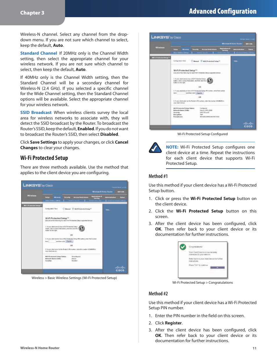 Advanced configuration, Wi-fi protected setup | Linksys WRT120N User Manual | Page 15 / 55