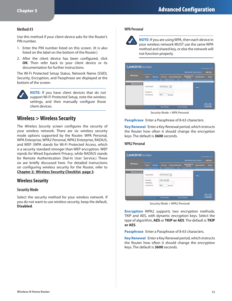 Wireless > wireless security, Advanced configuration, Wireless security | Linksys WRT120N User Manual | Page 16 / 55