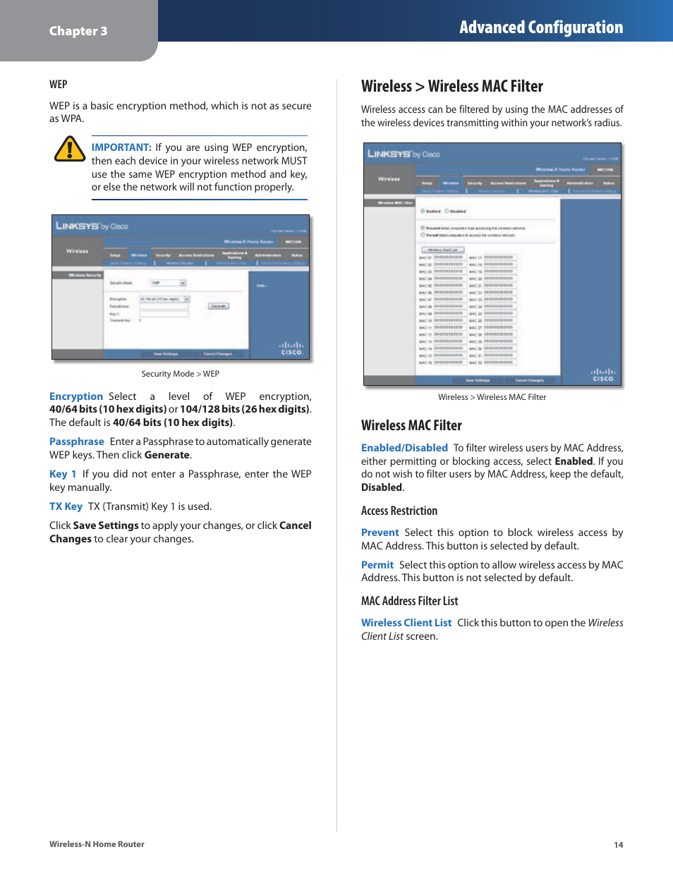 Wireless > wireless mac filter, Advanced configuration, Wireless mac filter | Linksys WRT120N User Manual | Page 18 / 55