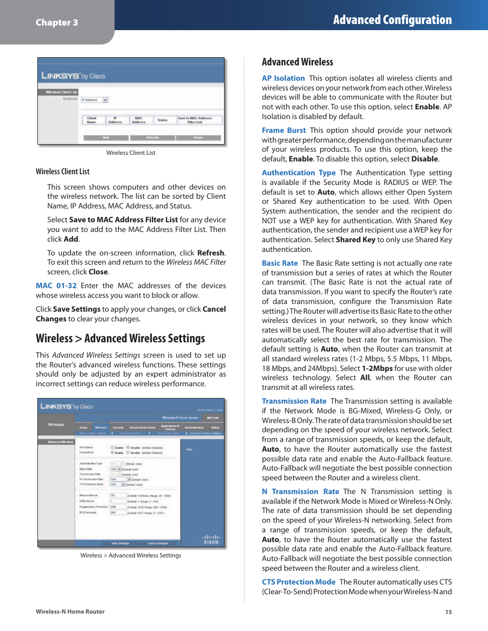 Wireless > advanced wireless settings, Advanced configuration, Advanced wireless | Linksys WRT120N User Manual | Page 19 / 55