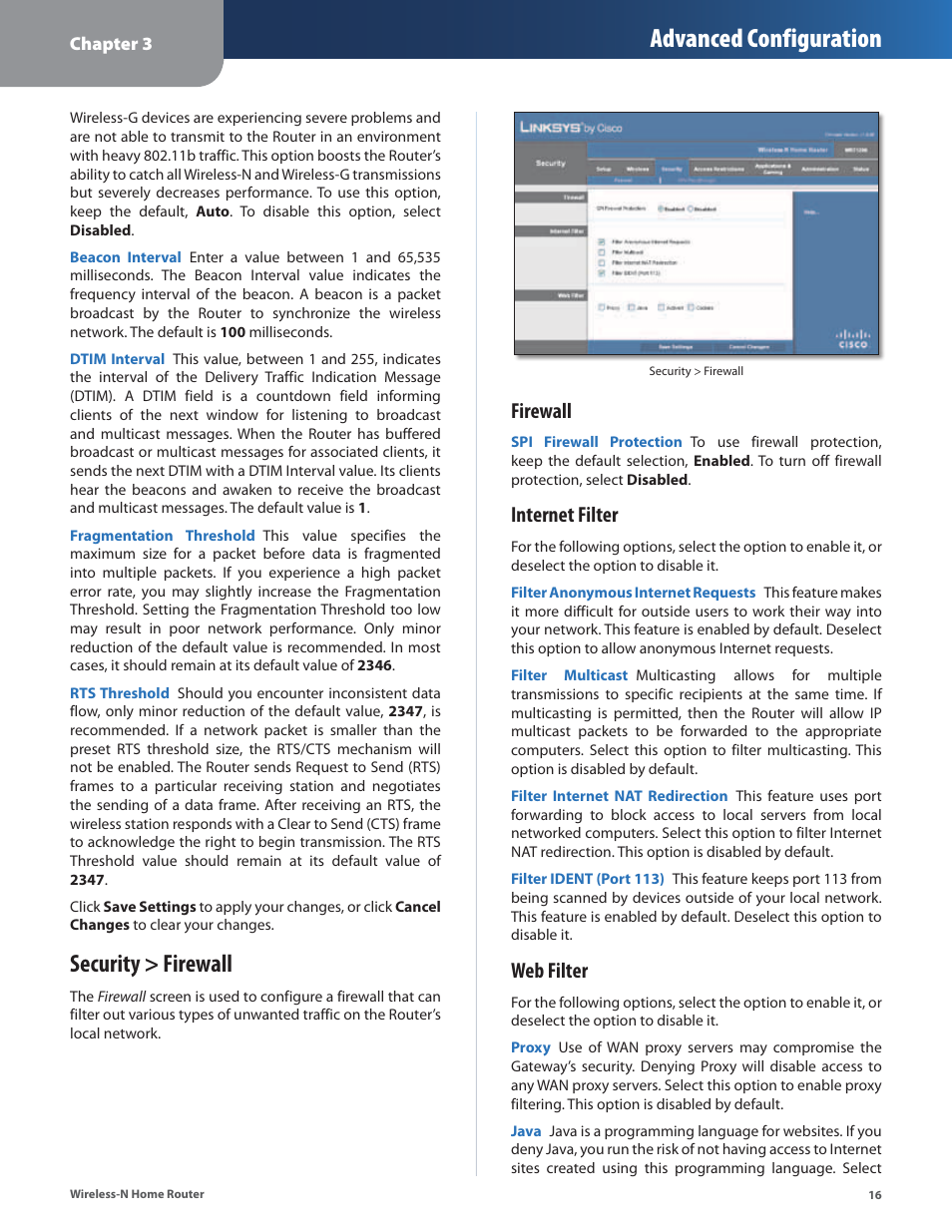 Security > firewall, Advanced configuration, Firewall | Internet filter, Web filter | Linksys WRT120N User Manual | Page 20 / 55