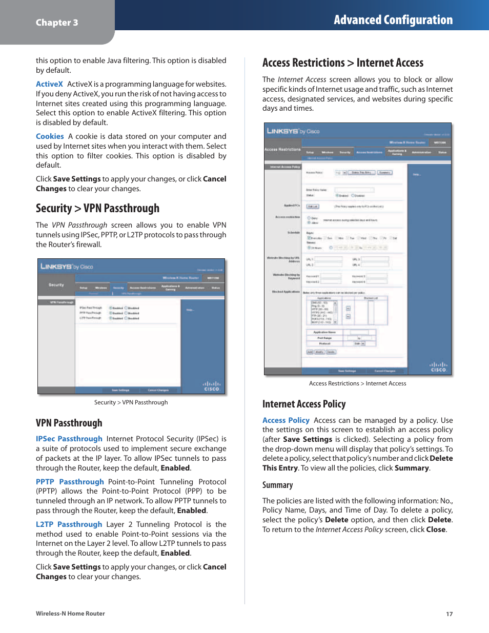 Security > vpn passthrough, Access restrictions > internet access, Advanced configuration | Vpn passthrough, Internet access policy | Linksys WRT120N User Manual | Page 21 / 55